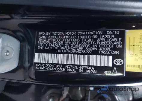 2010 Toyota Yaris from USA, damaged, VIN JTDBT4K39A4078222